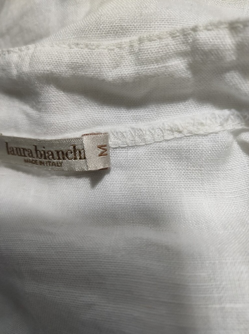 Laura Bianchi Italy 100% Linen White Tunic Top Medium Pom Pom Trim Boho Resort - Picture 8 of 10